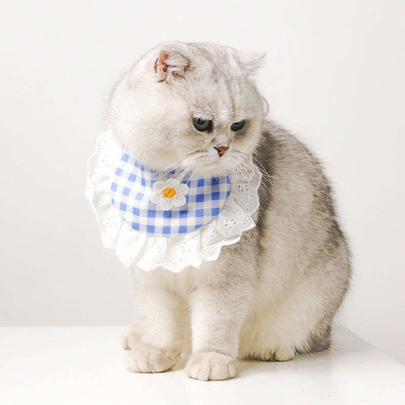 KFX-9674941 Cute Lace Bib and Plaid Saliva Towel for Pets in Yellow, Red, and Blue