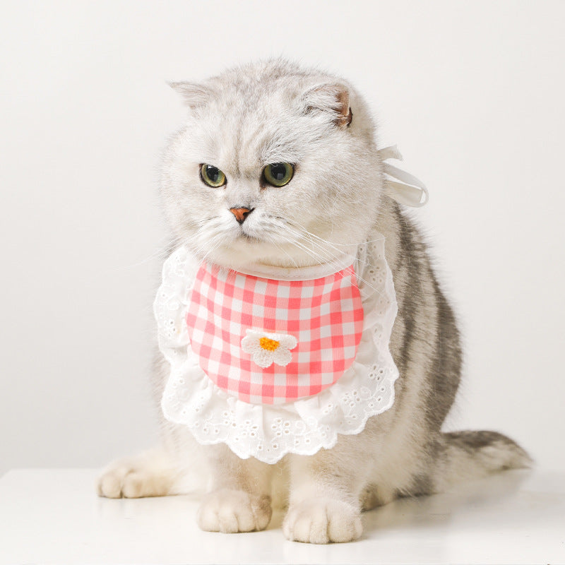 KFX-9674941 Cute Lace Bib and Plaid Saliva Towel for Pets in Yellow, Red, and Blue
