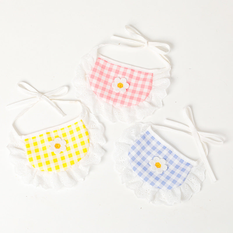 KFX-9674941 Cute Lace Bib and Plaid Saliva Towel for Pets in Yellow, Red, and Blue