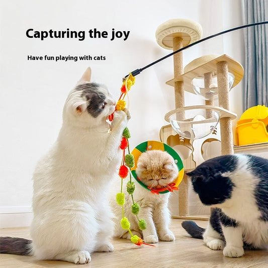 KFX-9678141 Rainbow Cotton Candy Cat Teaser with Lengthening Bar, Plush Tassel and Bell, Bite-Resistant Pet Toy