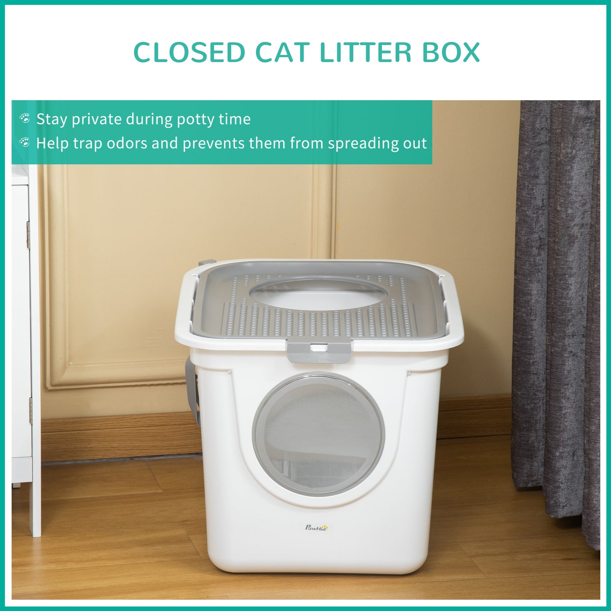 KFX-9678781 Covered Cat Litter Box with Front Entrance and Top Exit for Easy Cleaning and Odor Control, White