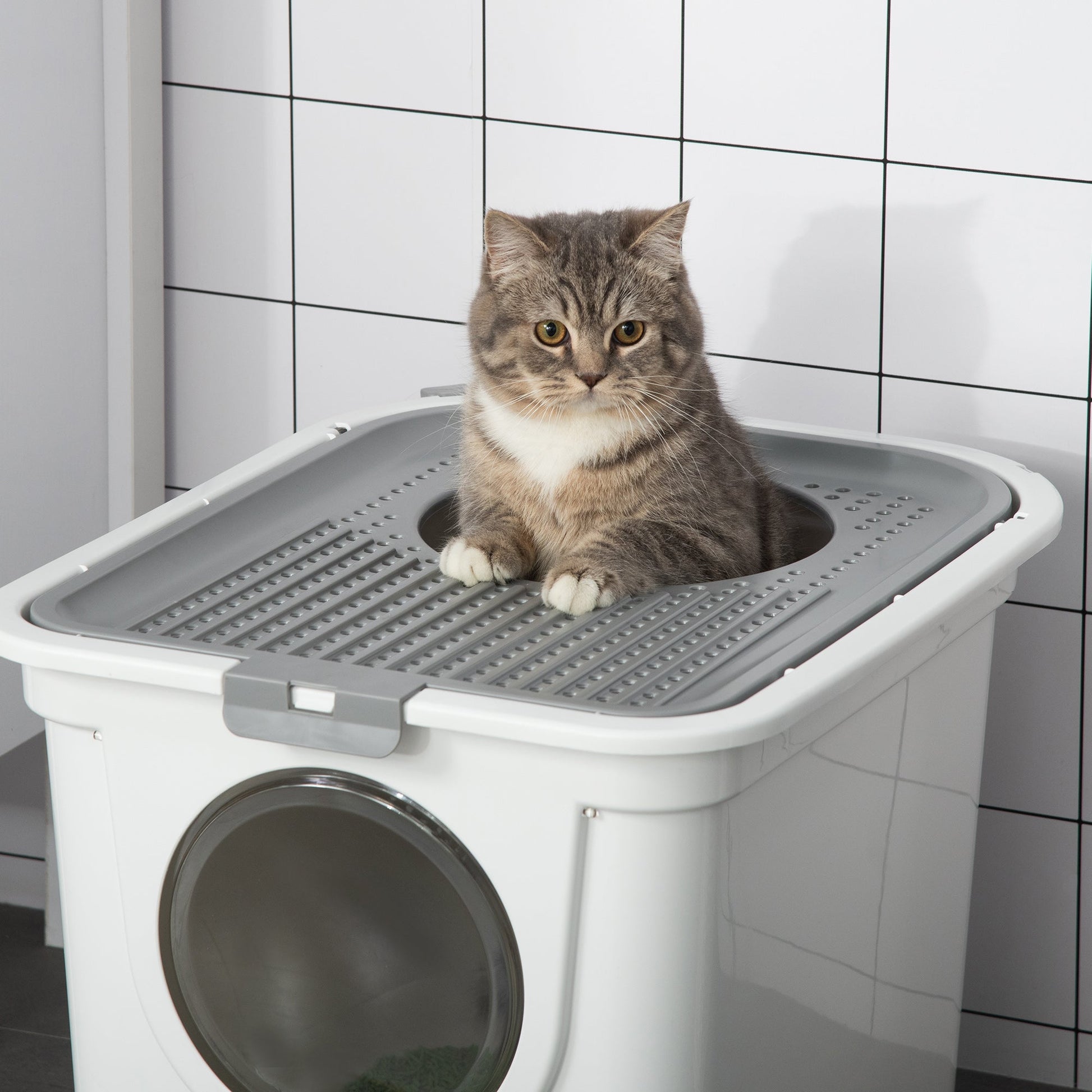 KFX-9678781 Covered Cat Litter Box with Front Entrance and Top Exit for Easy Cleaning and Odor Control, White