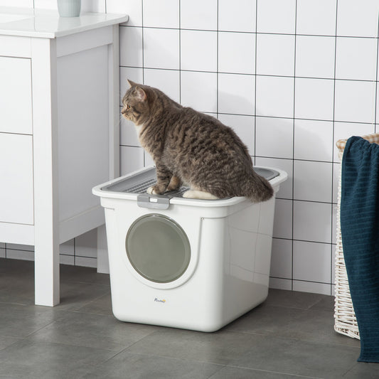 KFX-9678781 Covered Cat Litter Box with Front Entrance and Top Exit for Easy Cleaning and Odor Control, White