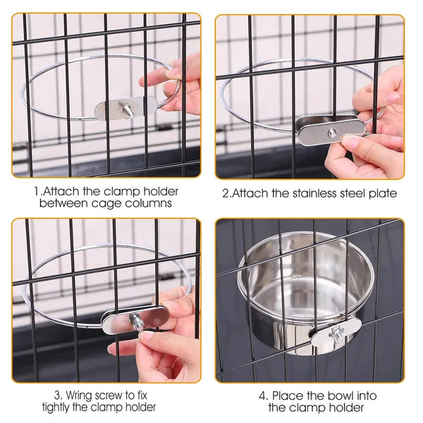 KFX-9679293 Stainless Steel Hanging Dog Bowl with Detachable Clamp for Pet Cage Food and Water