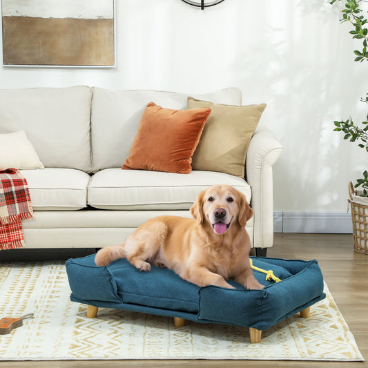 KFX-9687485 Large Dog Couch with Removable Cushion, Pine Wood Legs, Dark Blue Design for Indoor Comfort