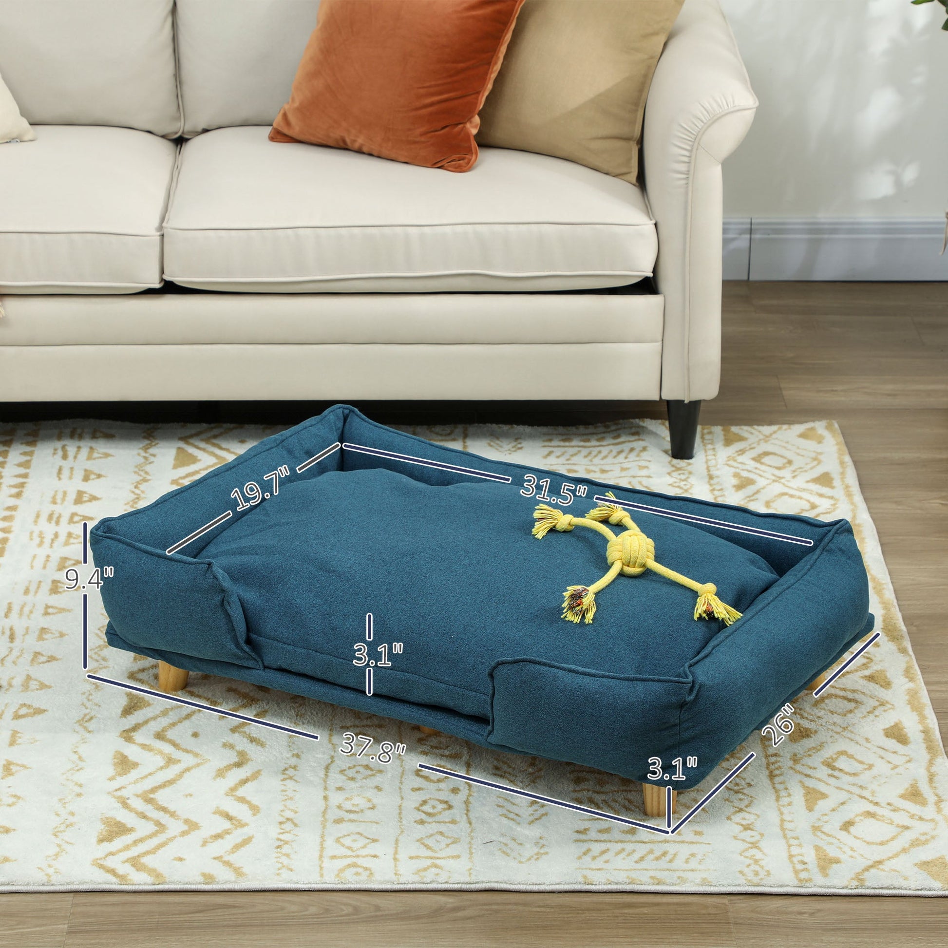 KFX-9687485 Large Dog Couch with Removable Cushion, Pine Wood Legs, Dark Blue Design for Indoor Comfort