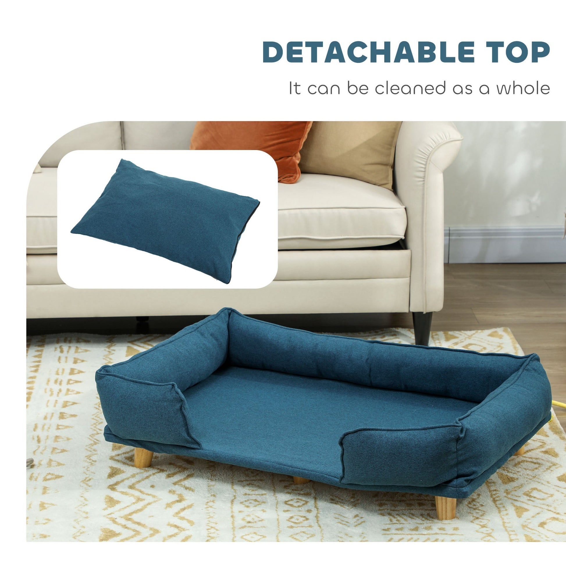 KFX-9687485 Large Dog Couch with Removable Cushion, Pine Wood Legs, Dark Blue Design for Indoor Comfort