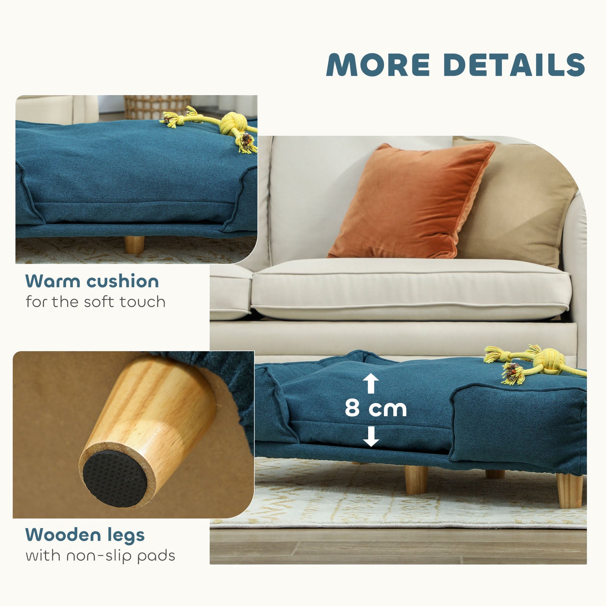 KFX-9687485 Large Dog Couch with Removable Cushion, Pine Wood Legs, Dark Blue Design for Indoor Comfort