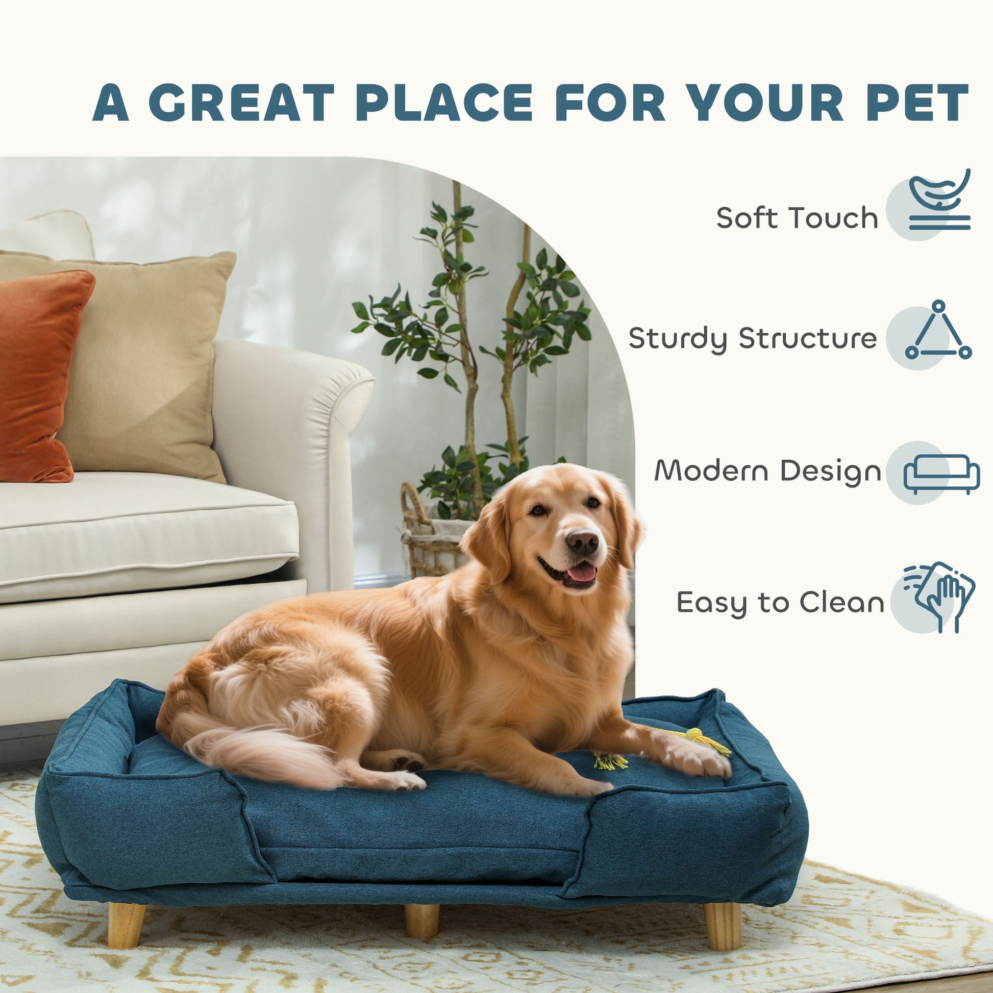 KFX-9687485 Large Dog Couch with Removable Cushion, Pine Wood Legs, Dark Blue Design for Indoor Comfort