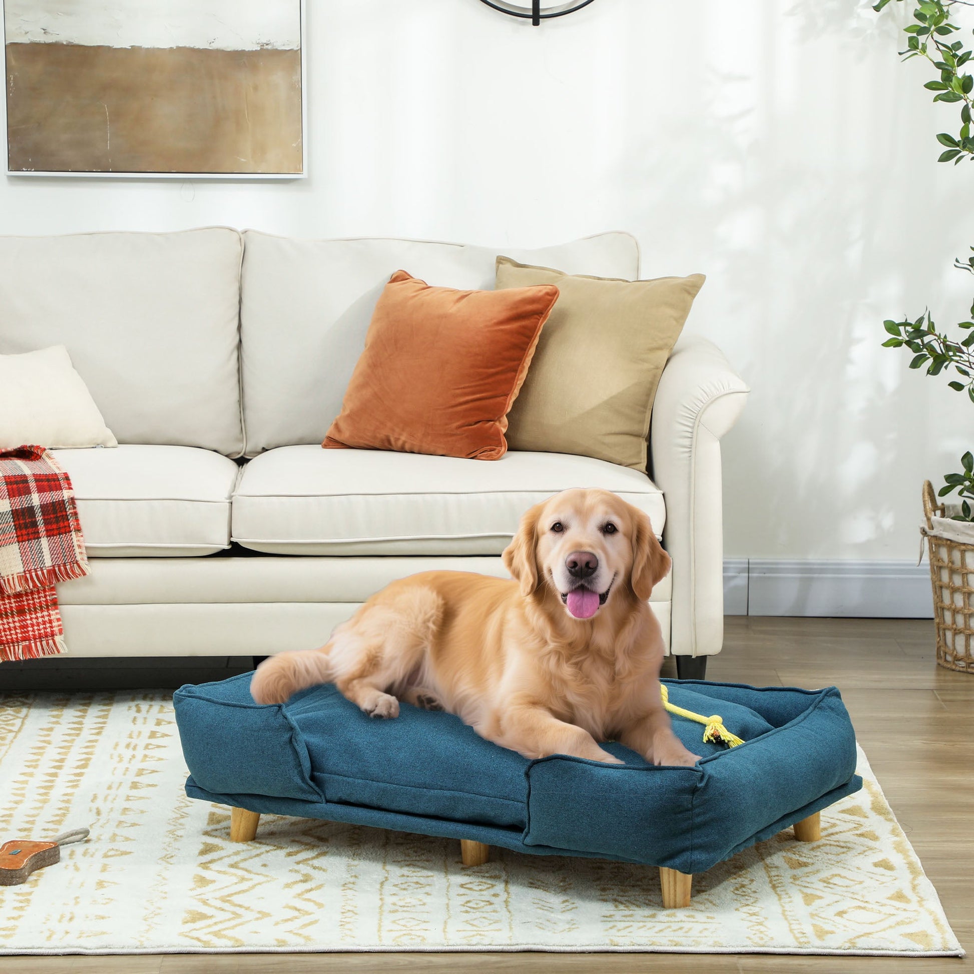KFX-9687485 Large Dog Couch with Removable Cushion, Pine Wood Legs, Dark Blue Design for Indoor Comfort