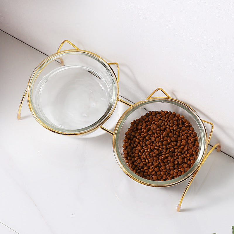 KFX-9689021 Transparent Glass Dog Bowl with Wrought Iron Stand - Easy to Clean, Single Bowl Design