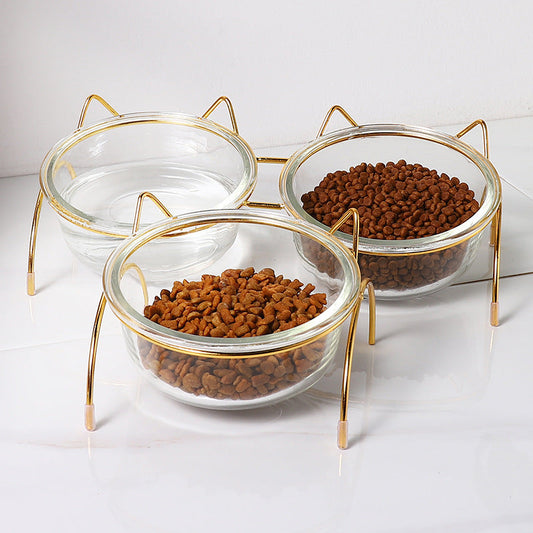 KFX-9689021 Transparent Glass Dog Bowl with Wrought Iron Stand - Easy to Clean, Single Bowl Design