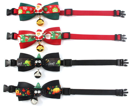 KFX-9690813 Halloween and Christmas Cat Neck Strap with Colorful Bowknot Decor
