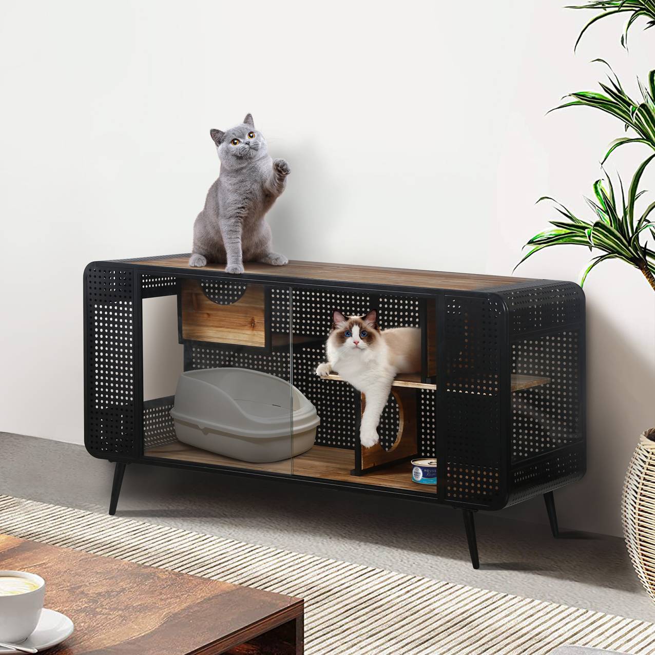 KFX-9692477 Spacious Cat House with Tempered Glass Doors and Modern Design for Indoor Use
