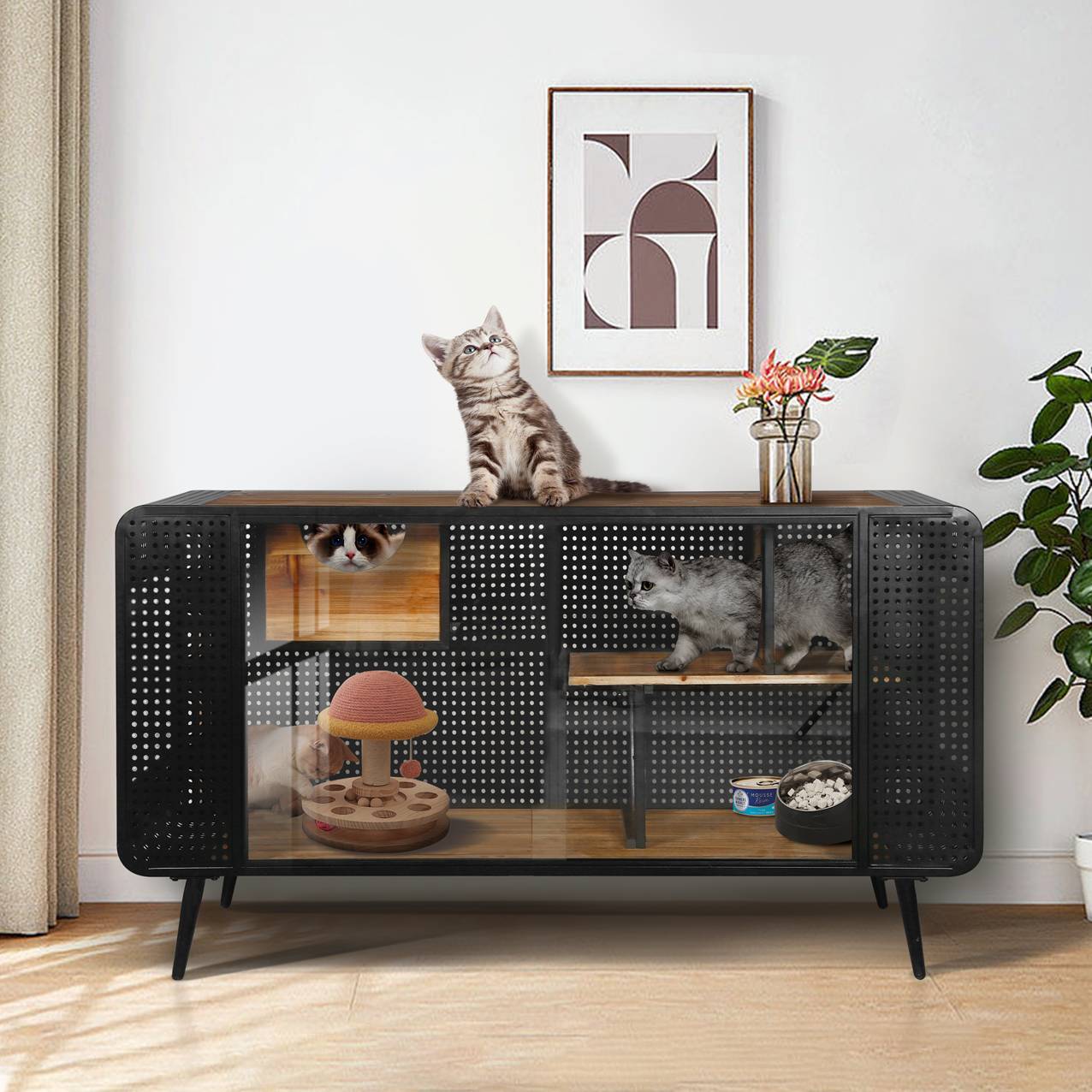 KFX-9692477 Spacious Cat House with Tempered Glass Doors and Modern Design for Indoor Use