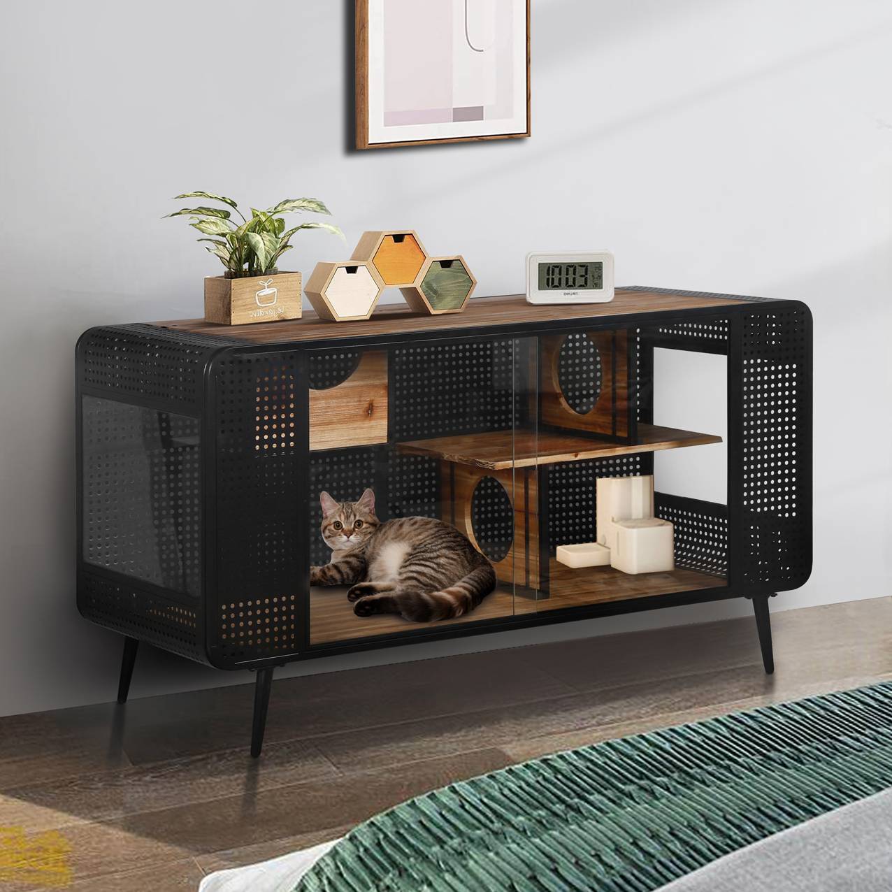 KFX-9692477 Spacious Cat House with Tempered Glass Doors and Modern Design for Indoor Use