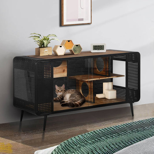 KFX-9692477 Spacious Cat House with Tempered Glass Doors and Modern Design for Indoor Use