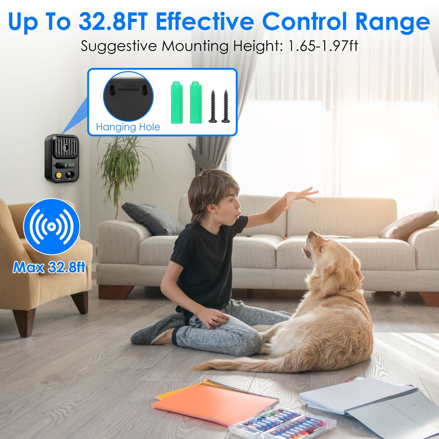 KFX-9697853 Ultrasonic Anti-Barking Device with Rechargeable Battery, Waterproof Design, 3 Adjustable Frequencies, 32.8ft Detection Range