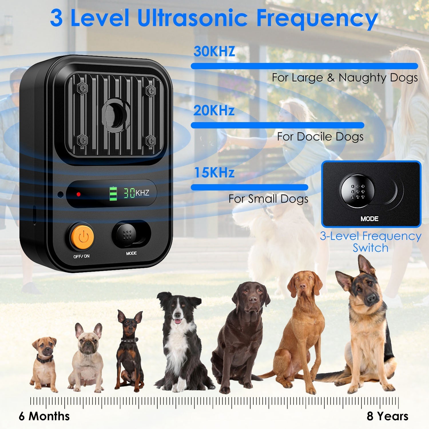 KFX-9697853 Ultrasonic Anti-Barking Device with Rechargeable Battery, Waterproof Design, 3 Adjustable Frequencies, 32.8ft Detection Range