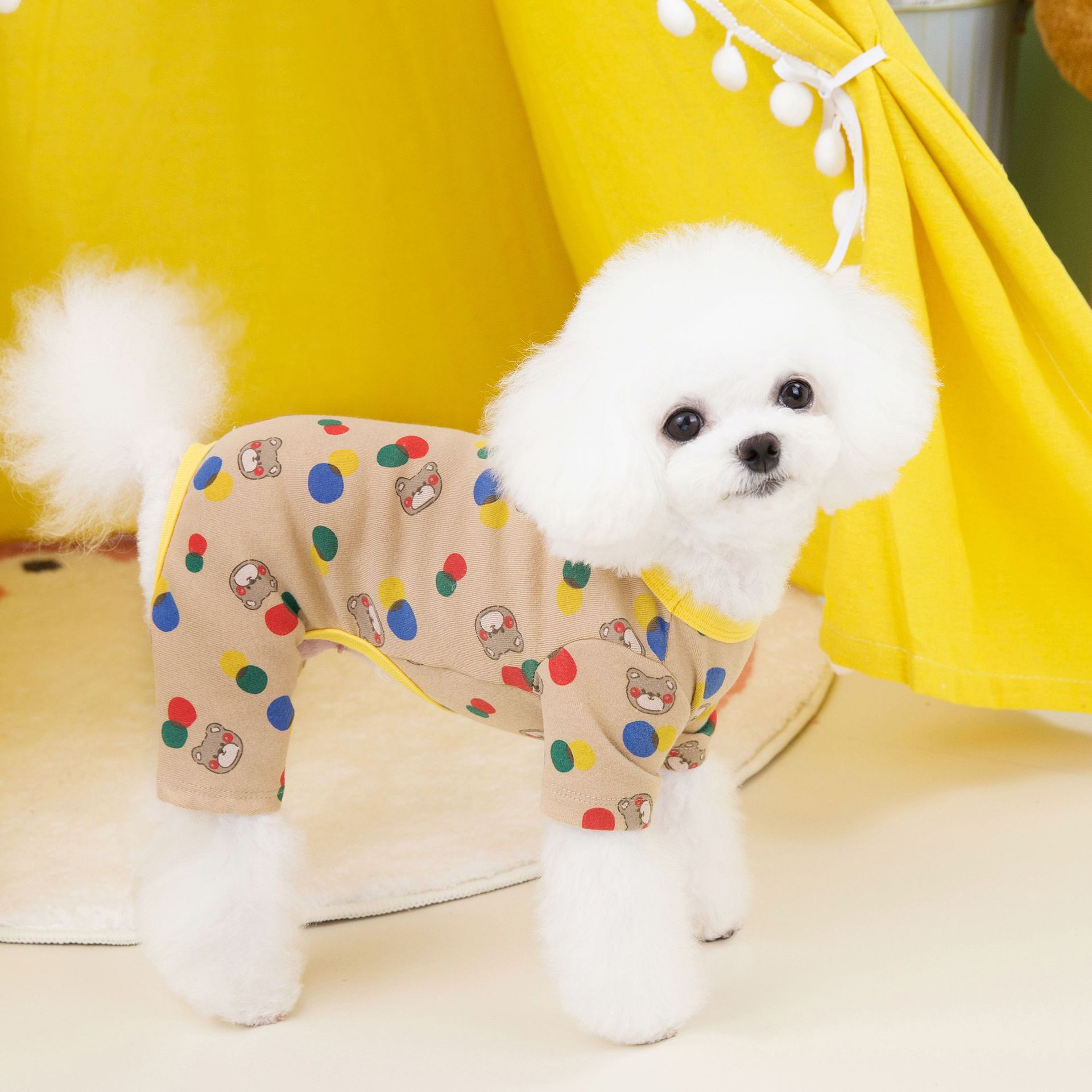 KFX-9699645 Colorful Bear Print Cotton Spandex Dog Clothes in Beige and Light Brown