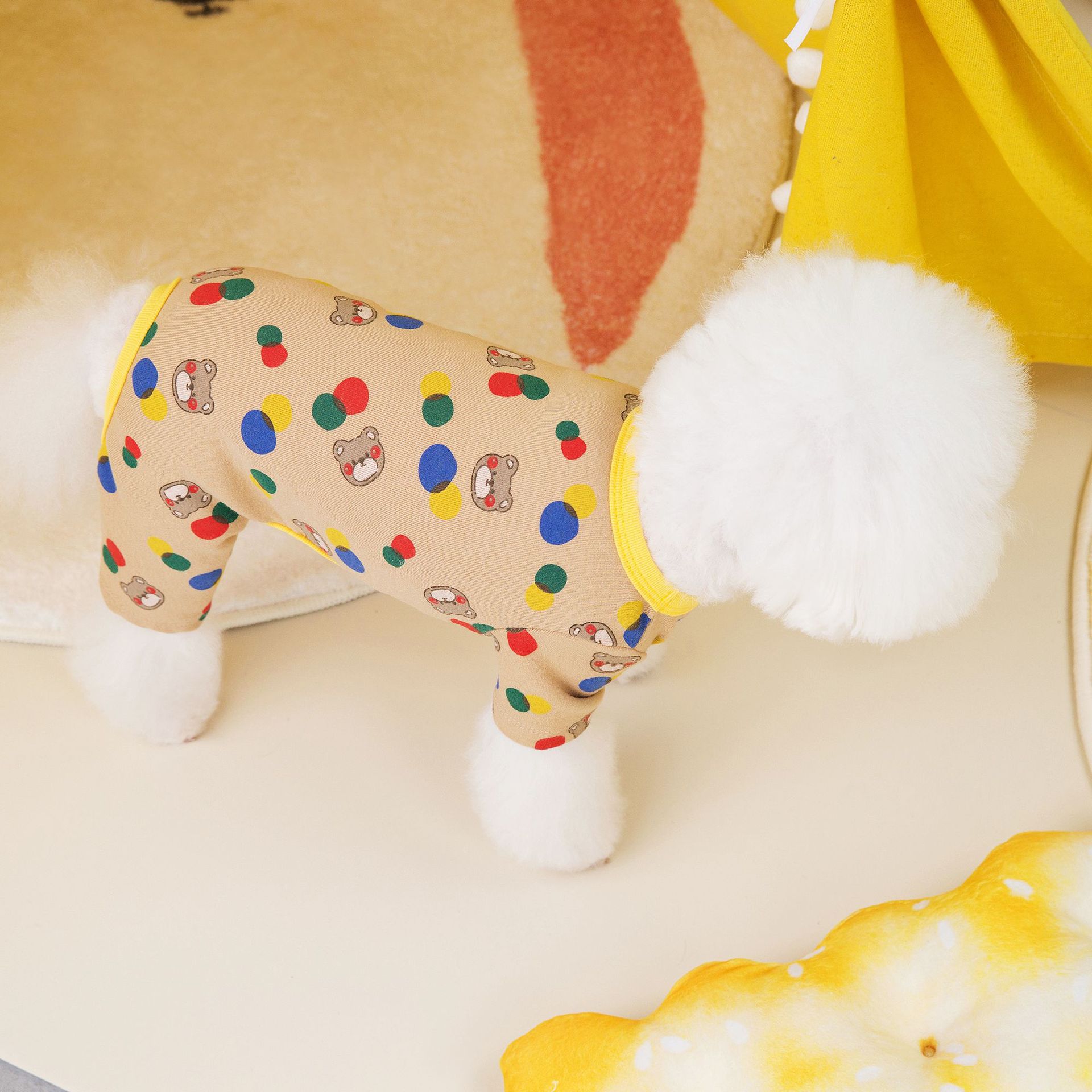 KFX-9699645 Colorful Bear Print Cotton Spandex Dog Clothes in Beige and Light Brown