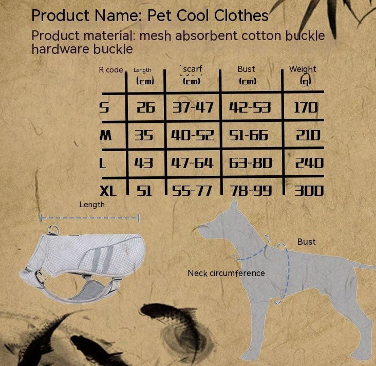 KFX-9706685 Breathable Light Gray Outdoor Pet Cooling Clothes – Mesh Fabric, Adjustable Fit for All Sizes S-XL