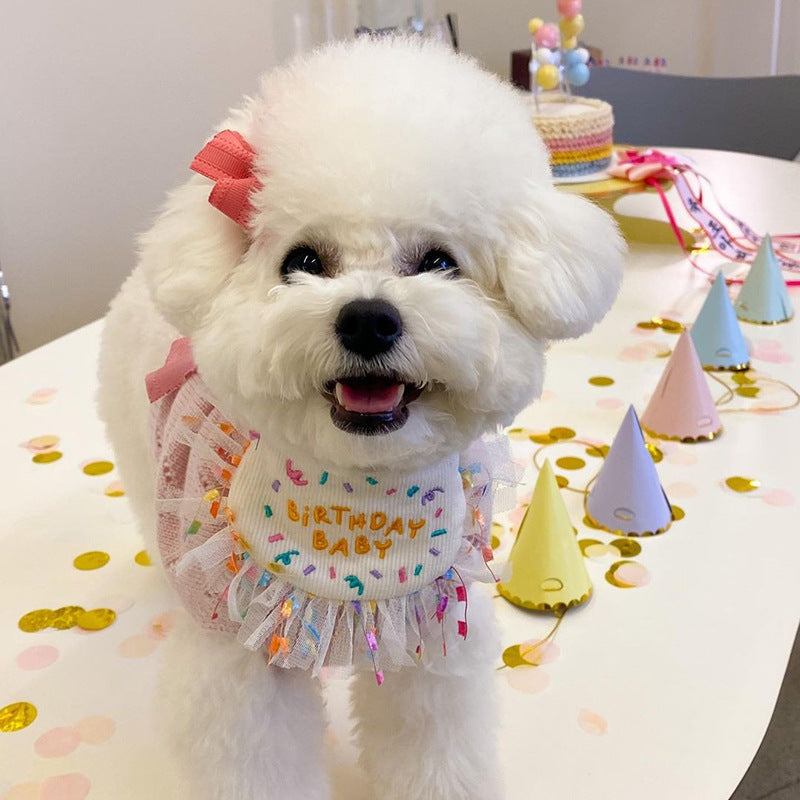 KFX-9707709 Pet Birthday Bib and Hat Set for Dogs - Bichon Triangle Scarf, Polyester Material, Various Sizes Available