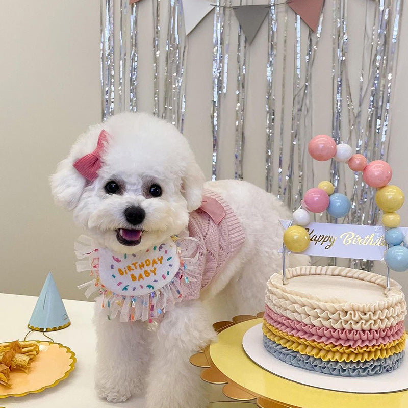 KFX-9707709 Pet Birthday Bib and Hat Set for Dogs - Bichon Triangle Scarf, Polyester Material, Various Sizes Available