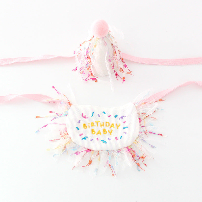 KFX-9707709 Pet Birthday Bib and Hat Set for Dogs - Bichon Triangle Scarf, Polyester Material, Various Sizes Available
