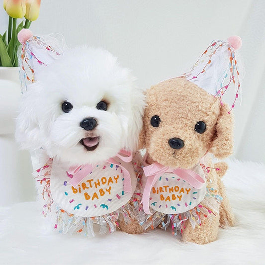 KFX-9707709 Pet Birthday Bib and Hat Set for Dogs - Bichon Triangle Scarf, Polyester Material, Various Sizes Available