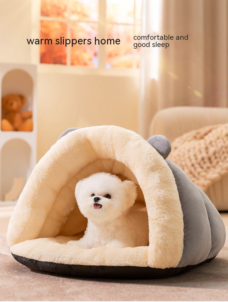 KFX-9710141 Cozy Round Ears Plush Slippers for Dogs - Soft Comfortable Mat in Gray and Green