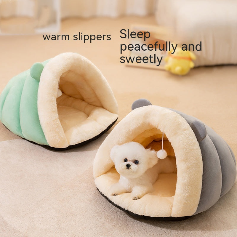KFX-9710141 Cozy Round Ears Plush Slippers for Dogs - Soft Comfortable Mat in Gray and Green