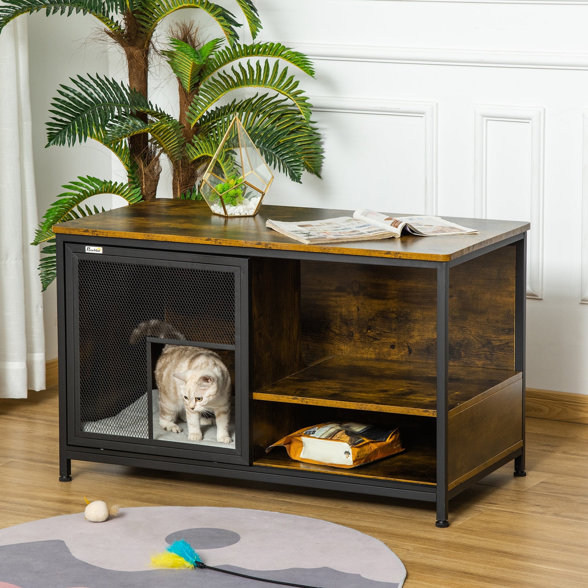 KFX-9711549 Rustic Brown Wooden Pet Crate with Cushion, Indoor Furniture-Style Dog Cage and Cat House with Sliding Doors