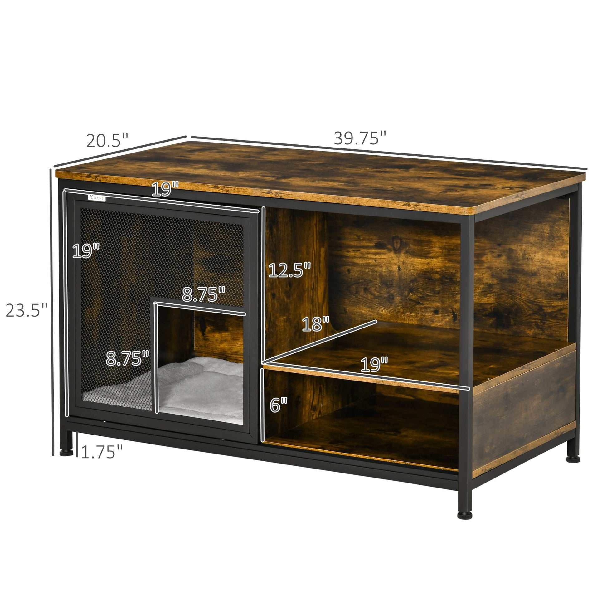 KFX-9711549 Rustic Brown Wooden Pet Crate with Cushion, Indoor Furniture-Style Dog Cage and Cat House with Sliding Doors