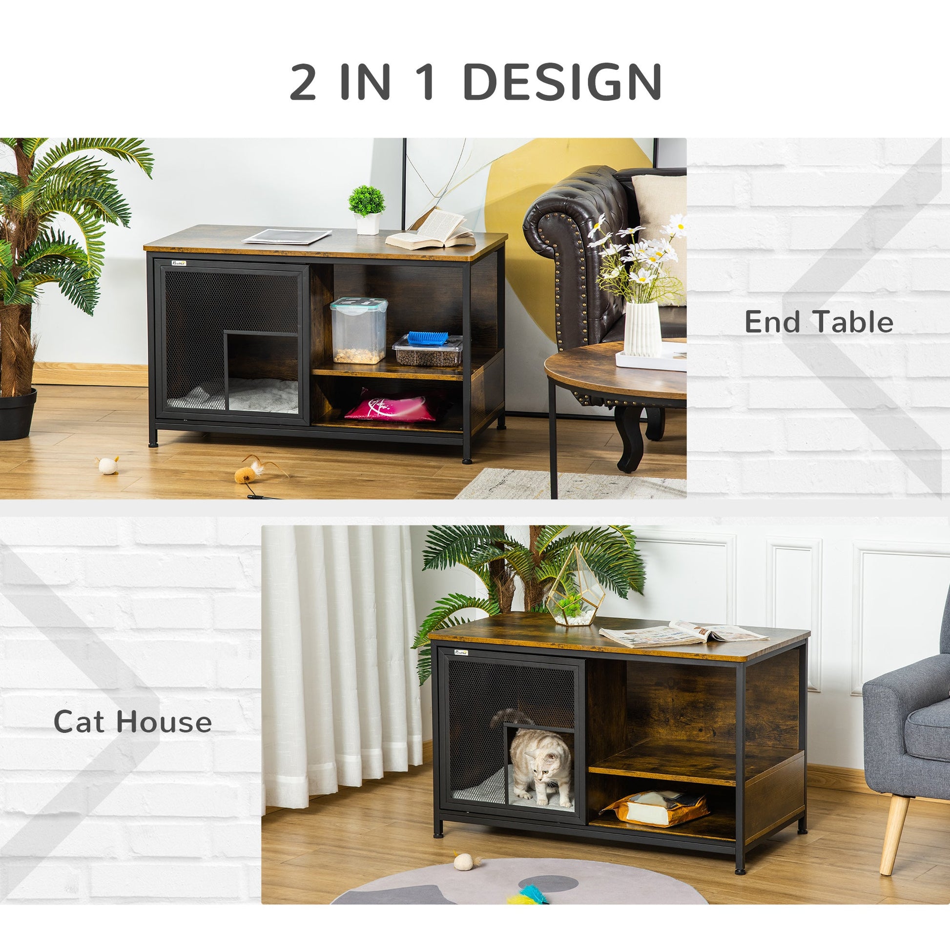 KFX-9711549 Rustic Brown Wooden Pet Crate with Cushion, Indoor Furniture-Style Dog Cage and Cat House with Sliding Doors