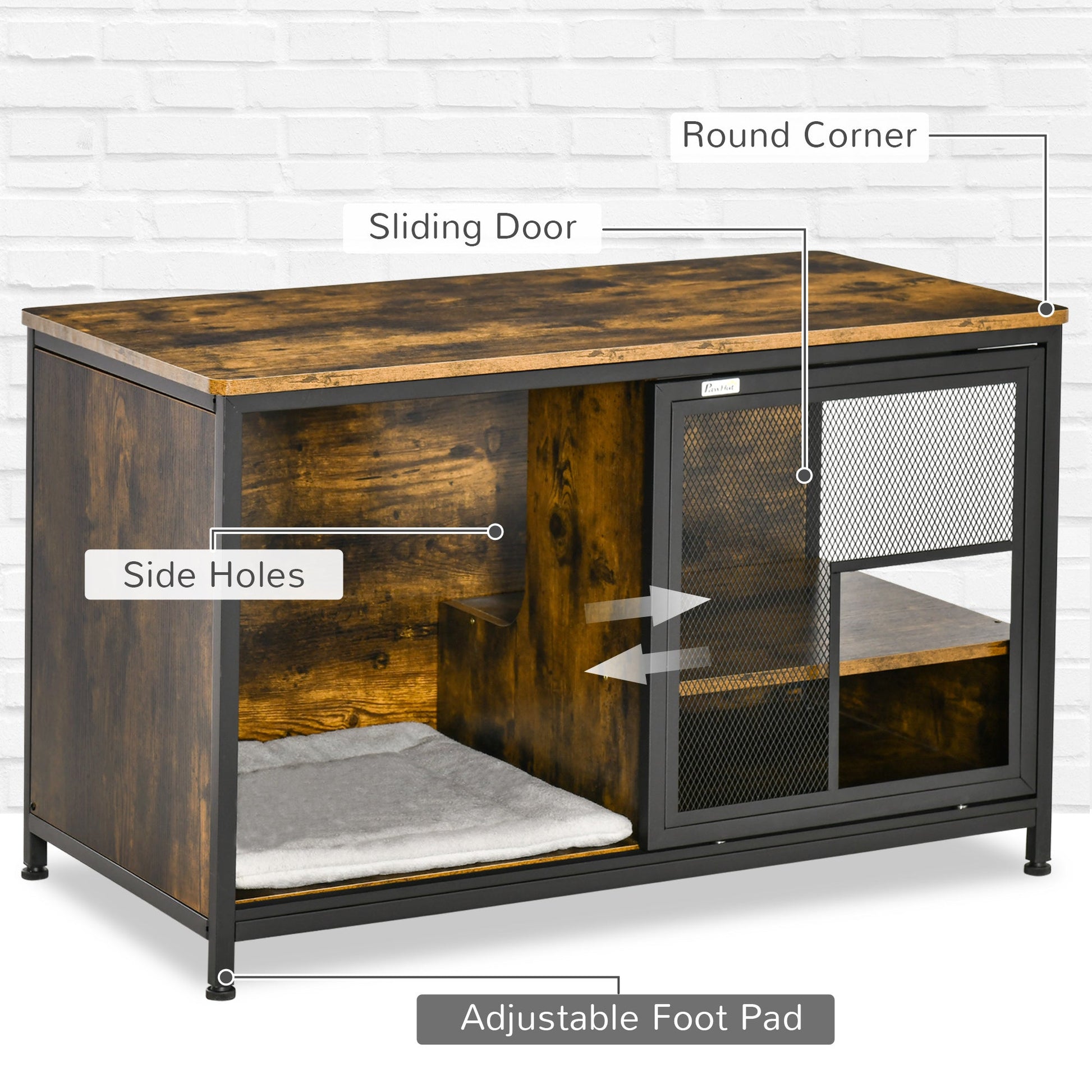 KFX-9711549 Rustic Brown Wooden Pet Crate with Cushion, Indoor Furniture-Style Dog Cage and Cat House with Sliding Doors