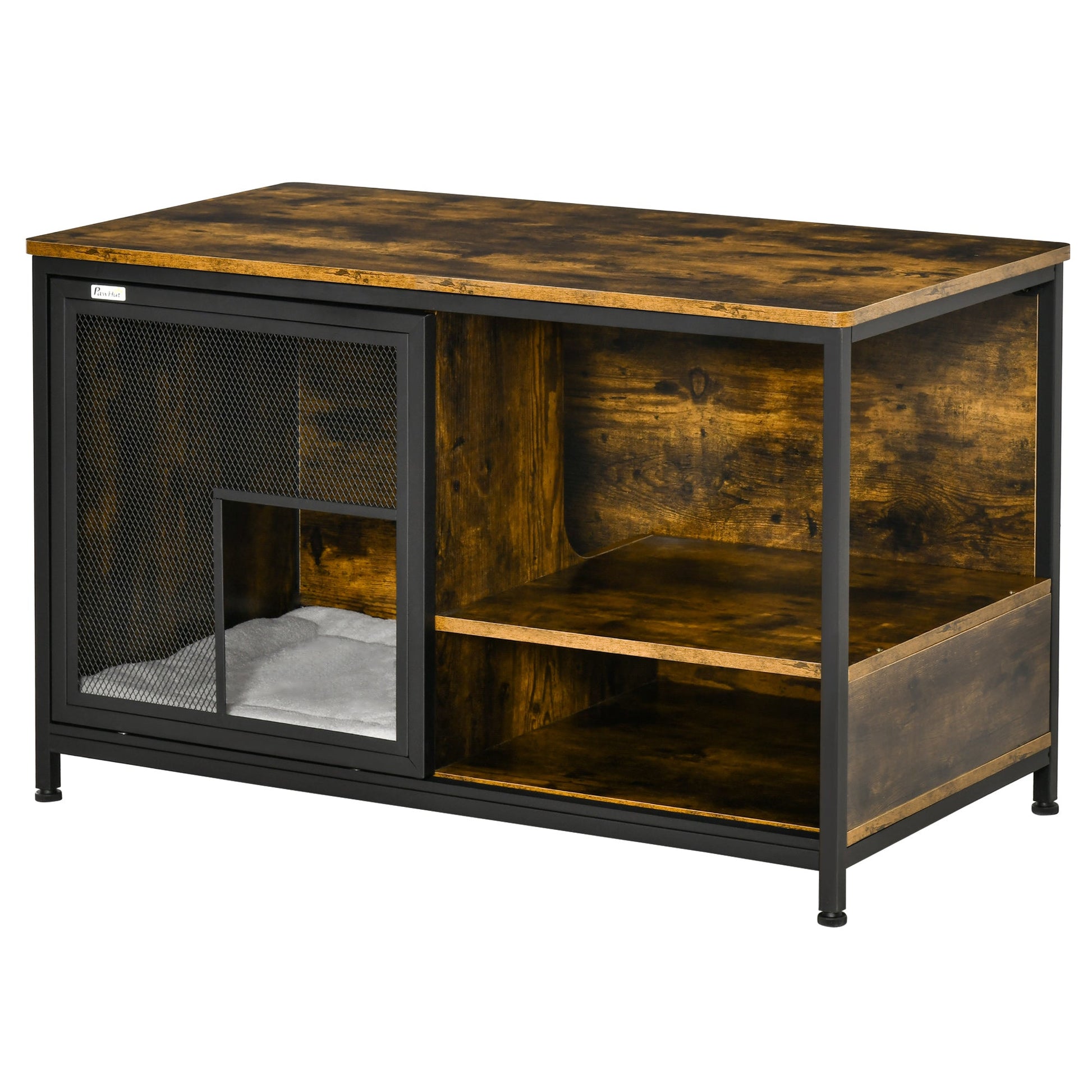 KFX-9711549 Rustic Brown Wooden Pet Crate with Cushion, Indoor Furniture-Style Dog Cage and Cat House with Sliding Doors
