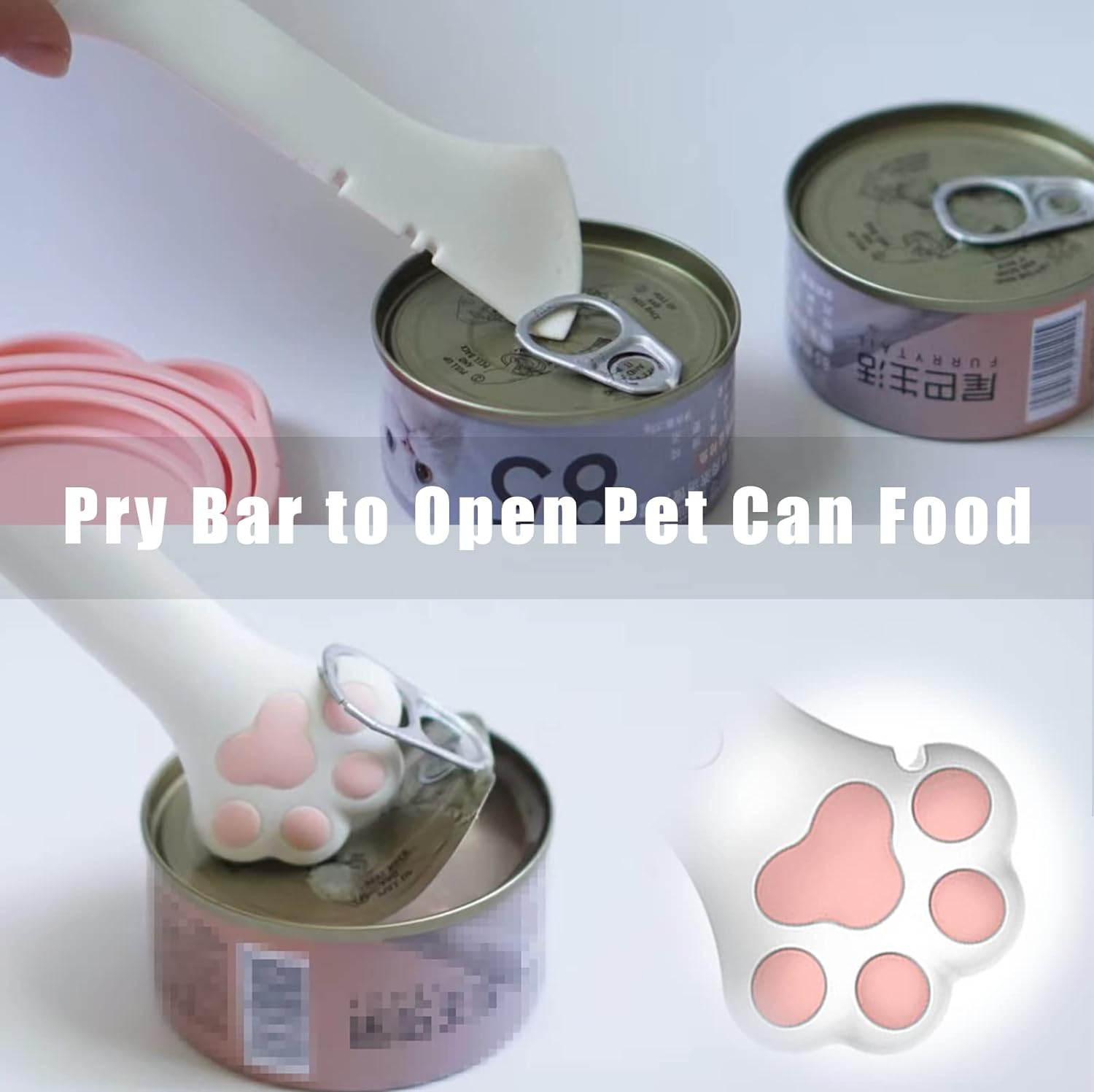 KFX-9713341 Cute Pink Cat Food Can Lid with Spoon for Easy Wet Food Storage