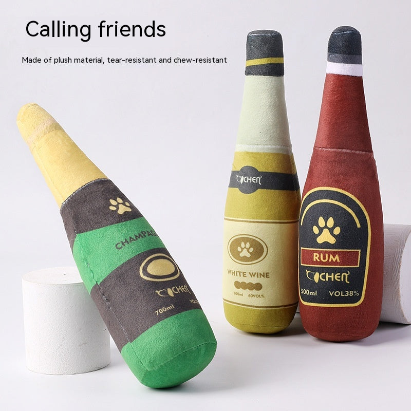 KFX-9715517 Bite-Resistant Plush Dog Toy in Champagne Bottle Design - Green, Yellow, Wine Red