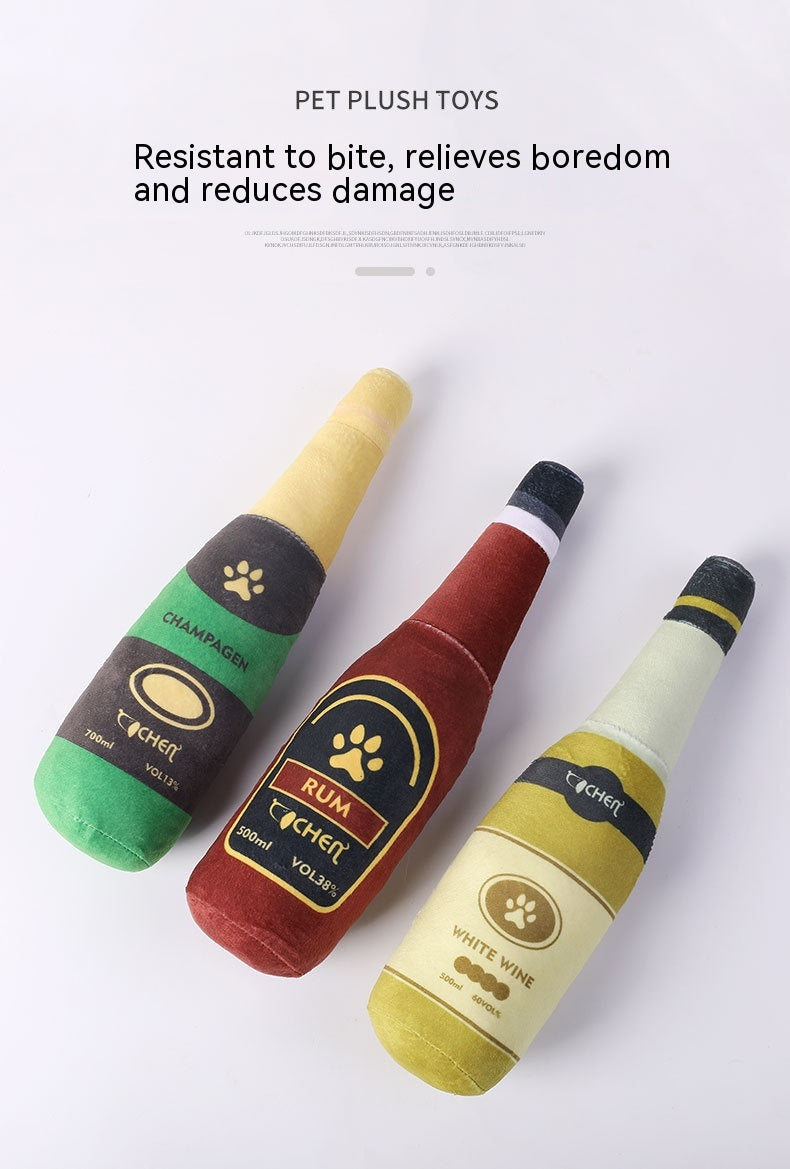 KFX-9715517 Bite-Resistant Plush Dog Toy in Champagne Bottle Design - Green, Yellow, Wine Red