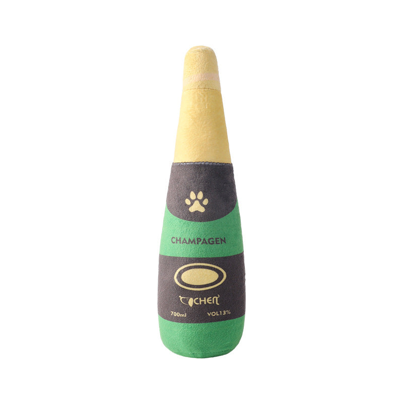 KFX-9715517 Bite-Resistant Plush Dog Toy in Champagne Bottle Design - Green, Yellow, Wine Red