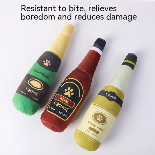 KFX-9715517 Bite-Resistant Plush Dog Toy in Champagne Bottle Design - Green, Yellow, Wine Red