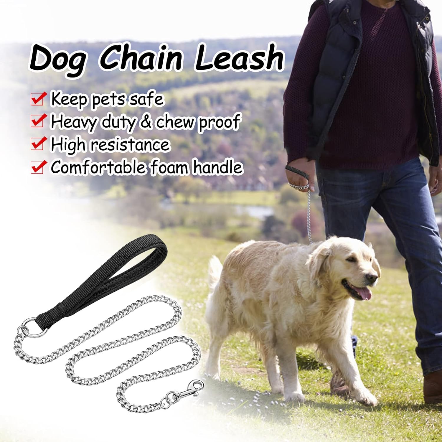 KFX-9723069 Heavy Duty Chew Proof Dog Leash with Soft Padded Handle for Medium to Large Dogs - 120cm Length, 3.0mm Width