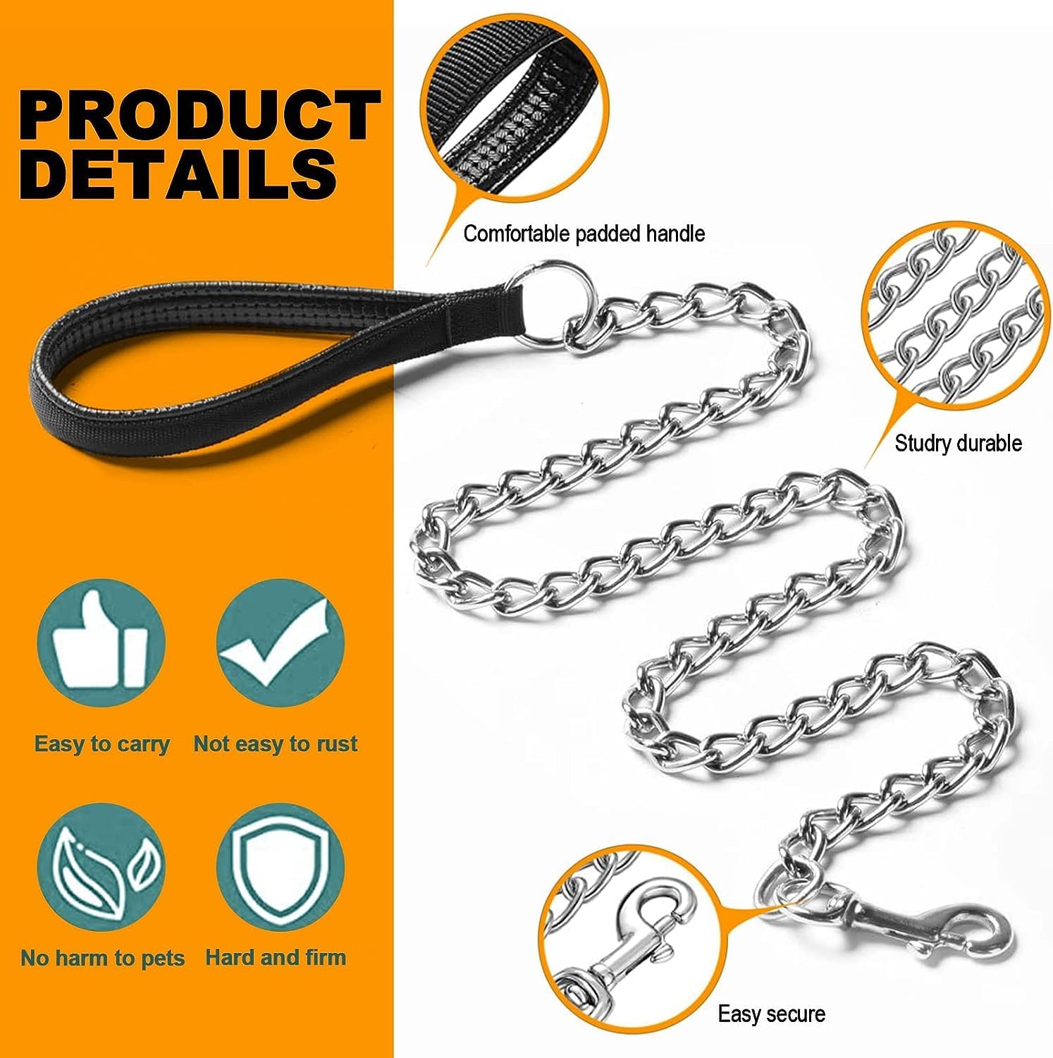 KFX-9723069 Heavy Duty Chew Proof Dog Leash with Soft Padded Handle for Medium to Large Dogs - 120cm Length, 3.0mm Width