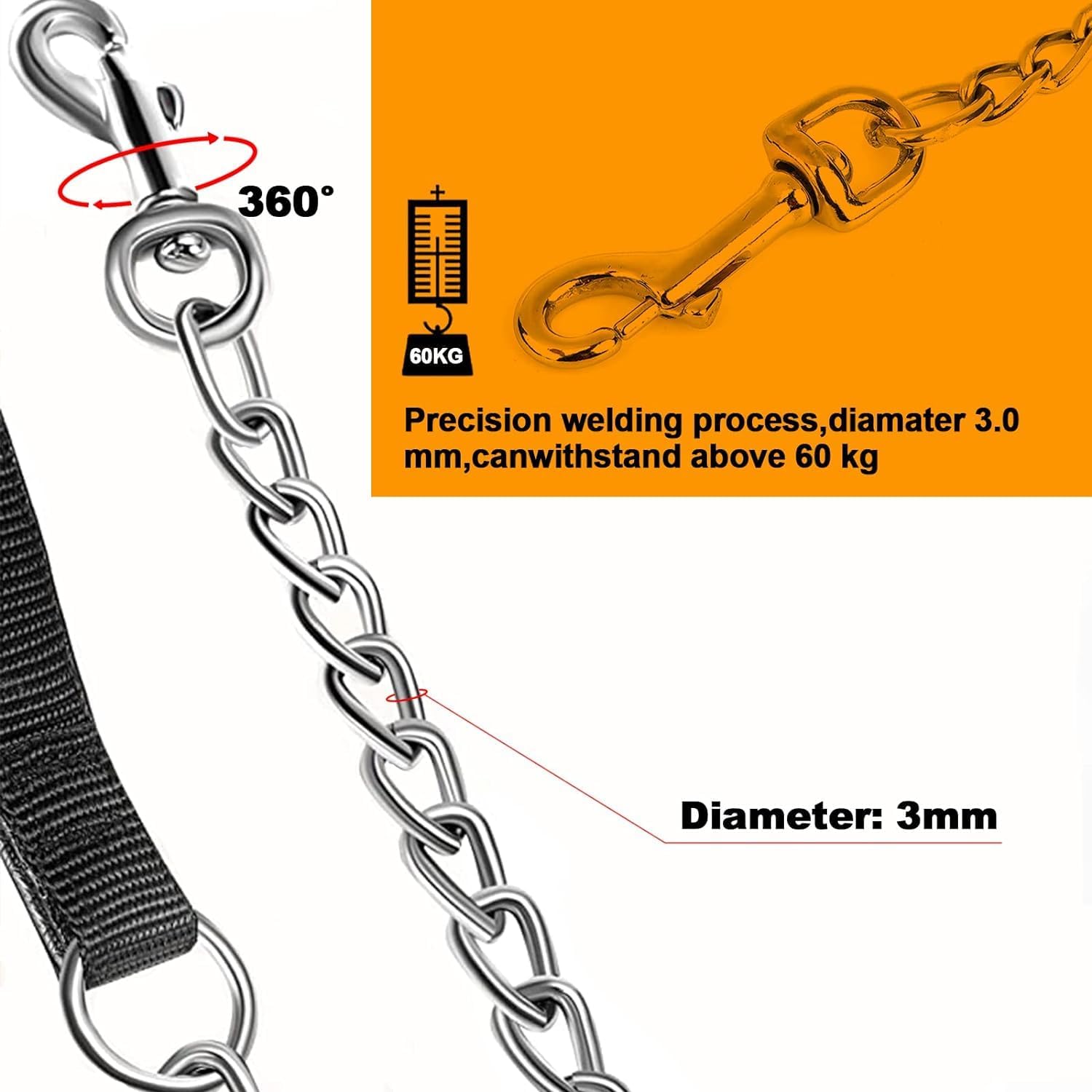 KFX-9723069 Heavy Duty Chew Proof Dog Leash with Soft Padded Handle for Medium to Large Dogs - 120cm Length, 3.0mm Width
