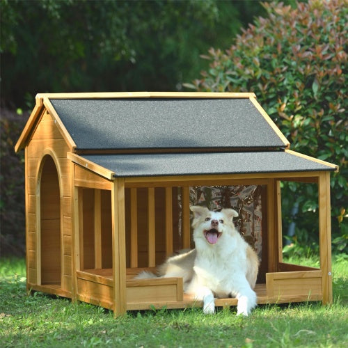 KFX-9725245 Large Wooden Outdoor Dog House with Porch for Medium to Large Breeds, Pine and Asphalt Roof Design