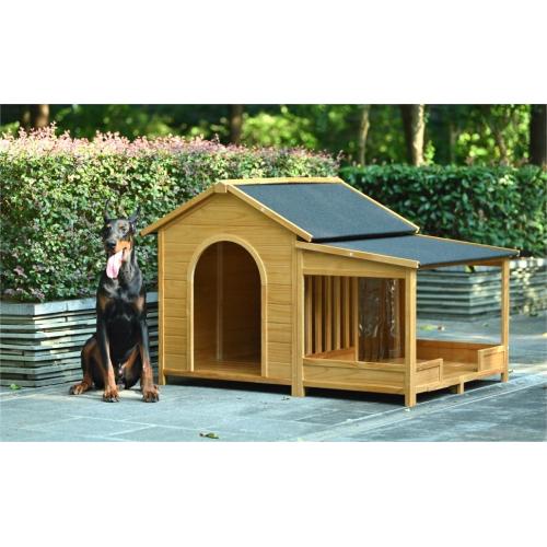 KFX-9725245 Large Wooden Outdoor Dog House with Porch for Medium to Large Breeds, Pine and Asphalt Roof Design