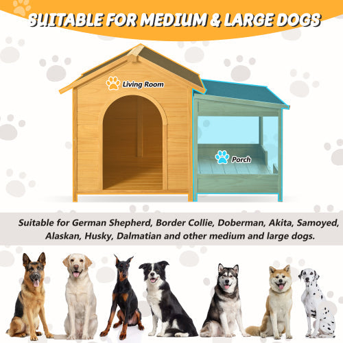 KFX-9725245 Large Wooden Outdoor Dog House with Porch for Medium to Large Breeds, Pine and Asphalt Roof Design