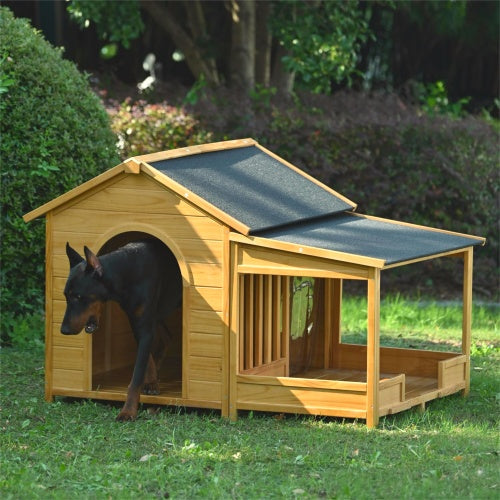 KFX-9725245 Large Wooden Outdoor Dog House with Porch for Medium to Large Breeds, Pine and Asphalt Roof Design