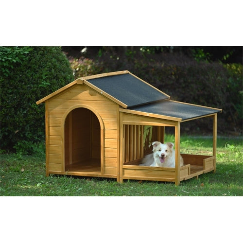 KFX-9725245 Large Wooden Outdoor Dog House with Porch for Medium to Large Breeds, Pine and Asphalt Roof Design